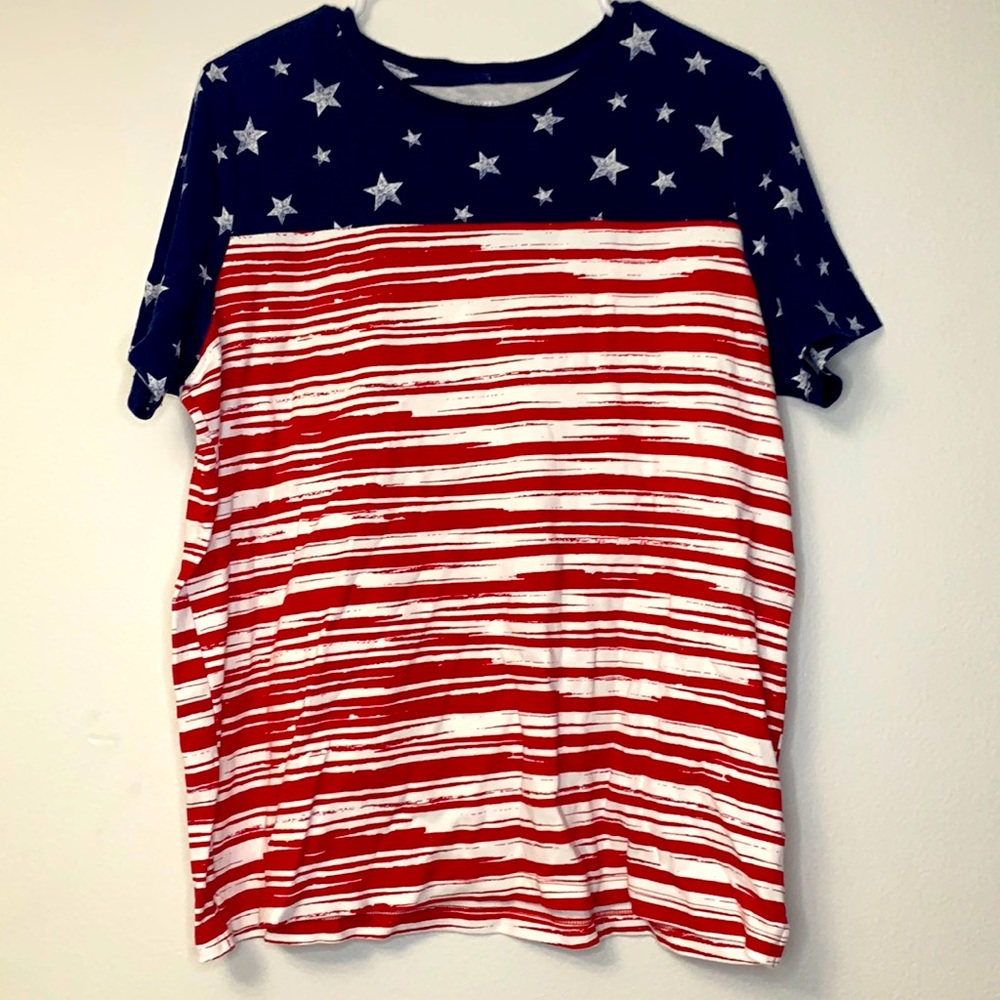 Kim Rogers American flag Tshirt, size Medium. Red white and blue design.